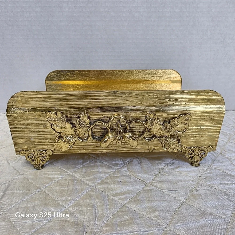 Vintage Hollywood Regency Gold Leaves Acorns Tissue Napkin Mail Holder Victorian